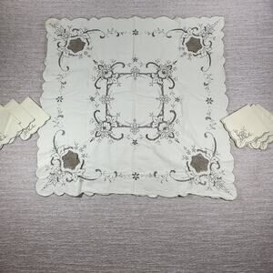 Vintage Handmade Cutwork Embroidered Tablecloth 29.5x31 Ivory Lace Floral